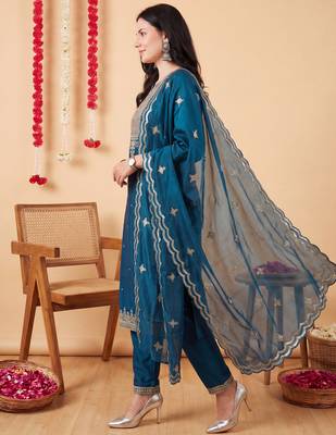 Teal embroidered chinon kurta trouser dupatta set 3