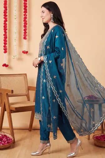 Teal embroidered chinon kurta trouser dupatta set