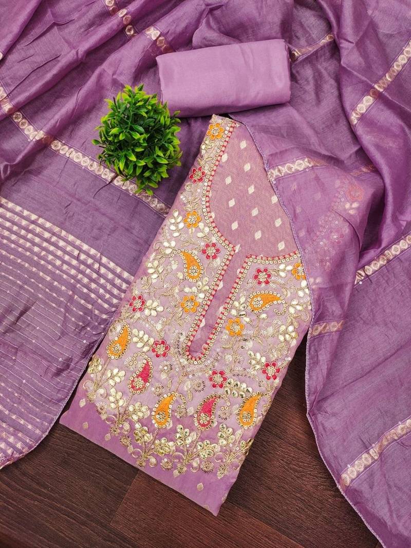 Embroidered Art Silk Unstitched Dress Material