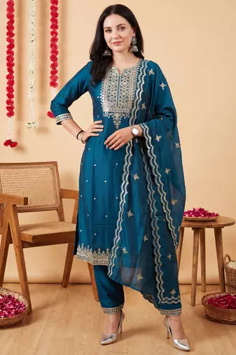 Teal embroidered chinon kurta trouser dupatta set