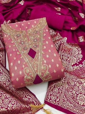 Pink Simmer Silk Jacquard With Embroidery Work Unstitched Dress Material 1