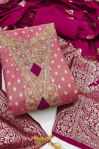pink shimmer silk jacquard with embroidery work unstitched dress material