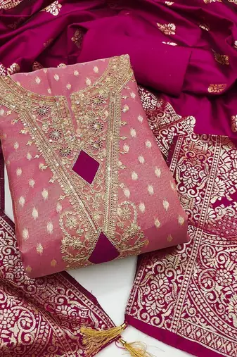 pink shimmer silk jacquard with embroidery work unstitched dress material
