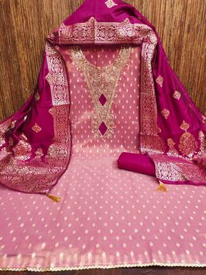 Pink Simmer Silk Jacquard With Embroidery Work Unstitched Dress Material 3