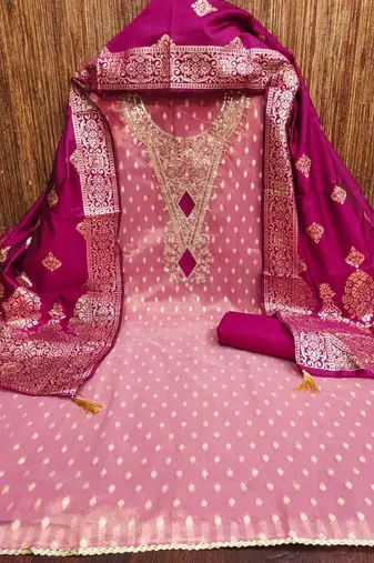 pink shimmer silk jacquard with embroidery work unstitched dress material