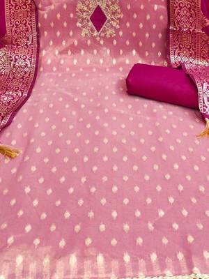 Pink Simmer Silk Jacquard With Embroidery Work Unstitched Dress Material 4