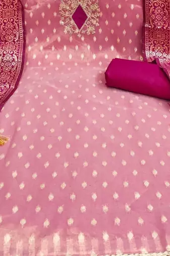 pink shimmer silk jacquard with embroidery work unstitched dress material