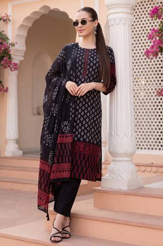 Black printed pure cotton kurta trouser dupatta set
