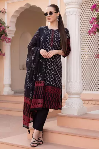 Black printed pure cotton kurta trouser dupatta set