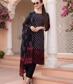 Black printed pure cotton kurta trouser dupatta set