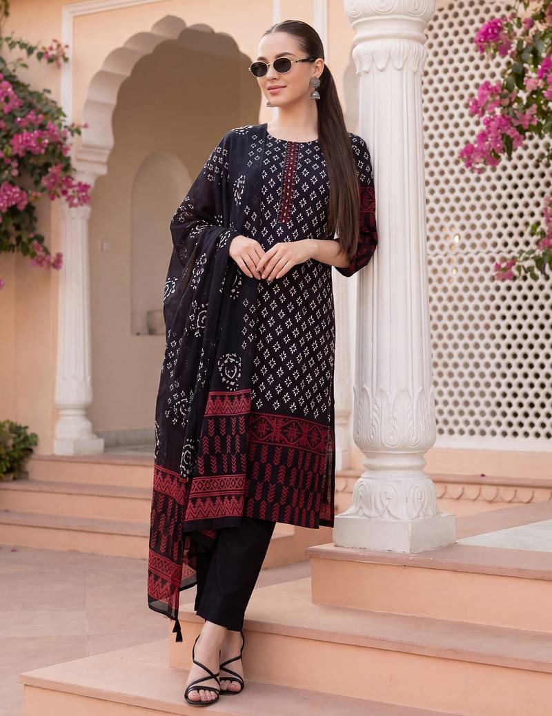 Black printed pure cotton kurta trouser dupatta set