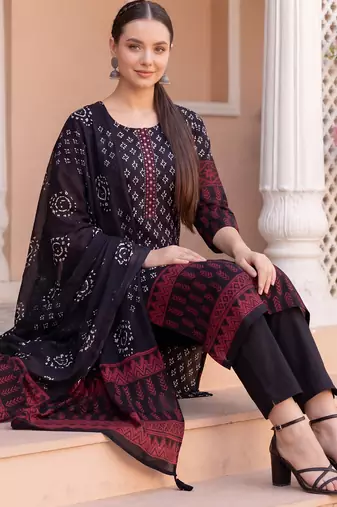 Black printed pure cotton kurta trouser dupatta set