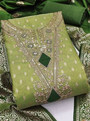 Green Simmer Silk Jacquard With Embroidery Work Unstitched Dress Material 1
