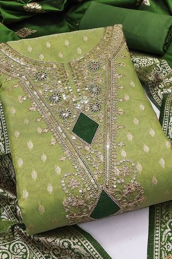 green shimmer silk jacquard with embroidery work unstitched dress material