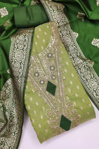 green shimmer silk jacquard with embroidery work unstitched dress material