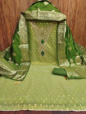 Green Simmer Silk Jacquard With Embroidery Work Unstitched Dress Material 3