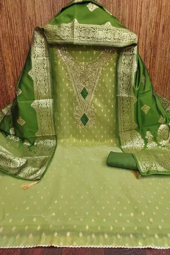 green shimmer silk jacquard with embroidery work unstitched dress material