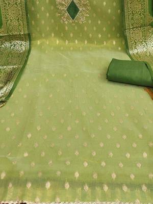 Green Simmer Silk Jacquard With Embroidery Work Unstitched Dress Material 4