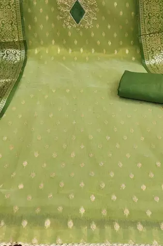 green shimmer silk jacquard with embroidery work unstitched dress material