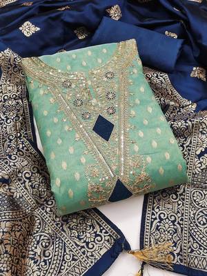 Blue Simmer Silk Jacquard With Embroidery Work Unstitched Dress Material 1