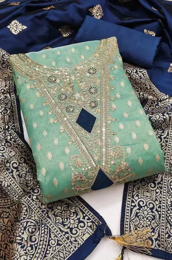 blue shimmer silk jacquard with embroidery work unstitched dress material
