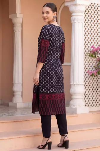 Black printed pure cotton kurta trouser dupatta set