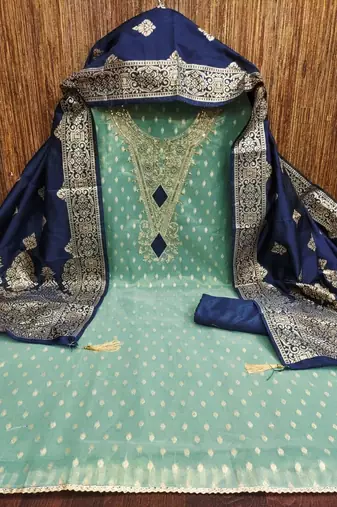 blue shimmer silk jacquard with embroidery work unstitched dress material