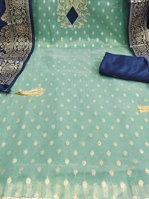 Blue Simmer Silk Jacquard With Embroidery Work Unstitched Dress Material 4