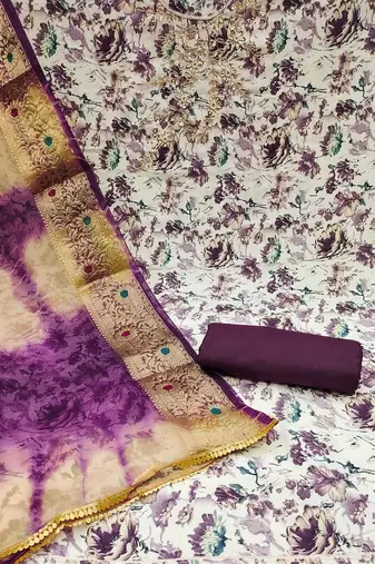 floral printed zari unstitched dress material