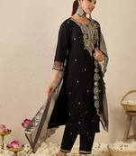 Black embroidered liva kurta trouser dupatta set