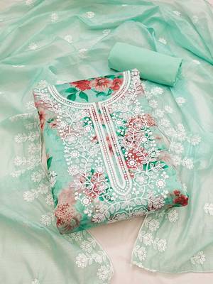 Floral Printed Thread Work Chanderi Silk Unstitched Dress Material 1