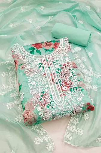 floral printed thread work chanderi silk unstitched dress material