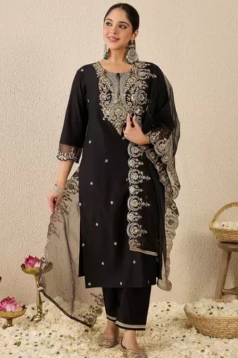 Black embroidered liva kurta trouser dupatta set