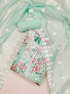 Floral Printed Thread Work Chanderi Silk Unstitched Dress Material 2