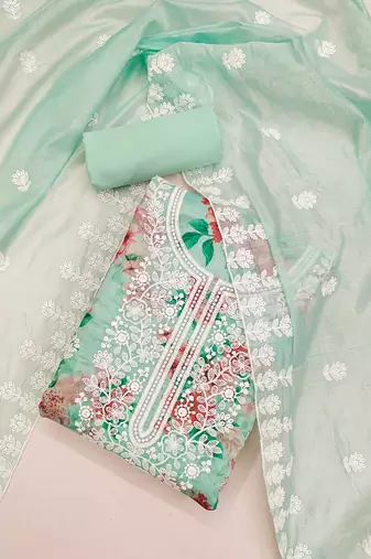 floral printed thread work chanderi silk unstitched dress material