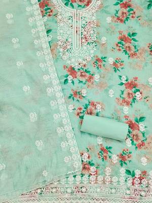 Floral Printed Thread Work Chanderi Silk Unstitched Dress Material 3