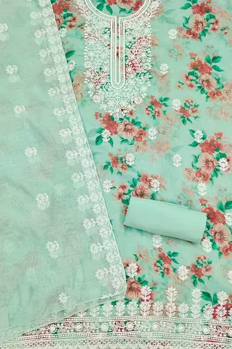 floral printed thread work chanderi silk unstitched dress material