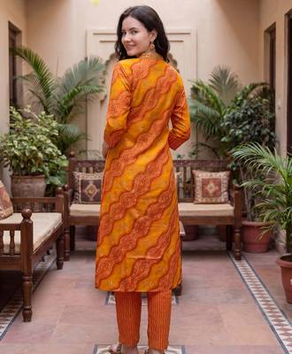 Orange printed cotton blend kurta trouser dupatta set 2