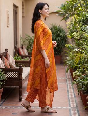Orange printed cotton blend kurta trouser dupatta set 3