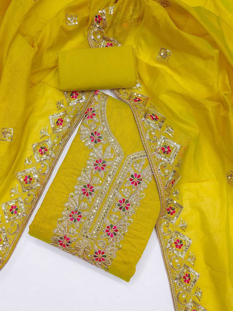 Ethnic Motifs Embroidered Sequinned Chanderi Silk Unstitched Dress Material