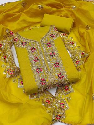 Ethnic Motifs Embroidered Sequinned Chanderi Silk Unstitched Dress Material 2
