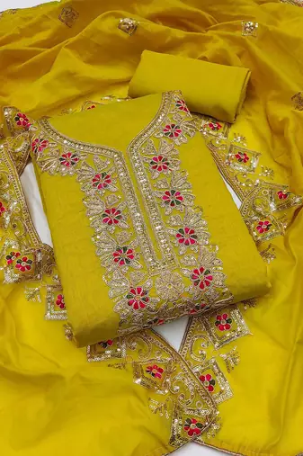 ethnic motifs embroidered sequinned chanderi silk unstitched dress material