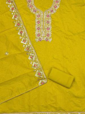 Ethnic Motifs Embroidered Sequinned Chanderi Silk Unstitched Dress Material 3