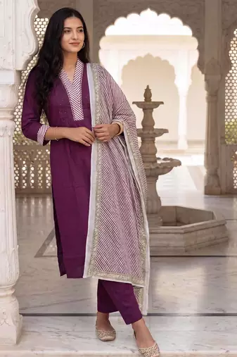 Burgundy self design pure cotton kurta trouser dupatta set