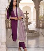 Burgundy self design pure cotton kurta trouser dupatta set