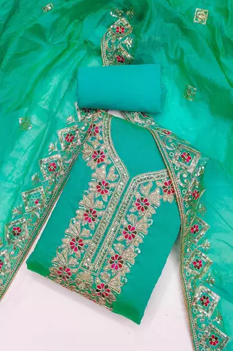 floral embroidered sequinned chanderi silk unstitched dress material
