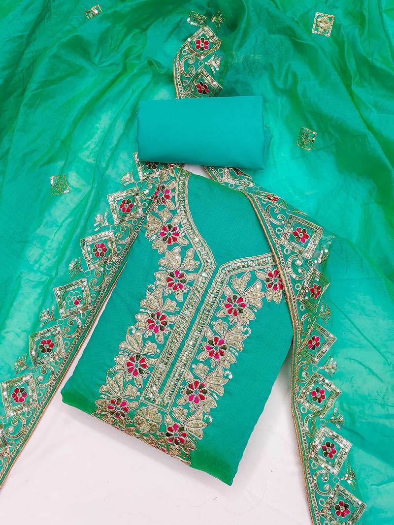 Floral Embroidered Sequinned Chanderi Silk Unstitched Dress Material