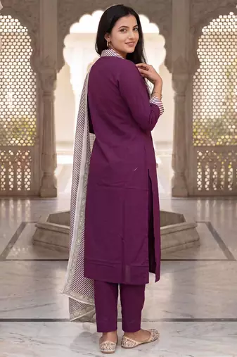 Burgundy self design pure cotton kurta trouser dupatta set