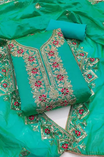 floral embroidered sequinned chanderi silk unstitched dress material