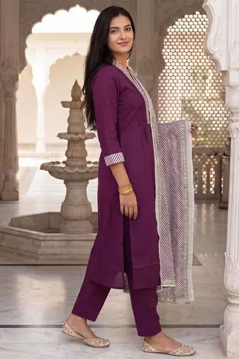 Burgundy self design pure cotton kurta trouser dupatta set